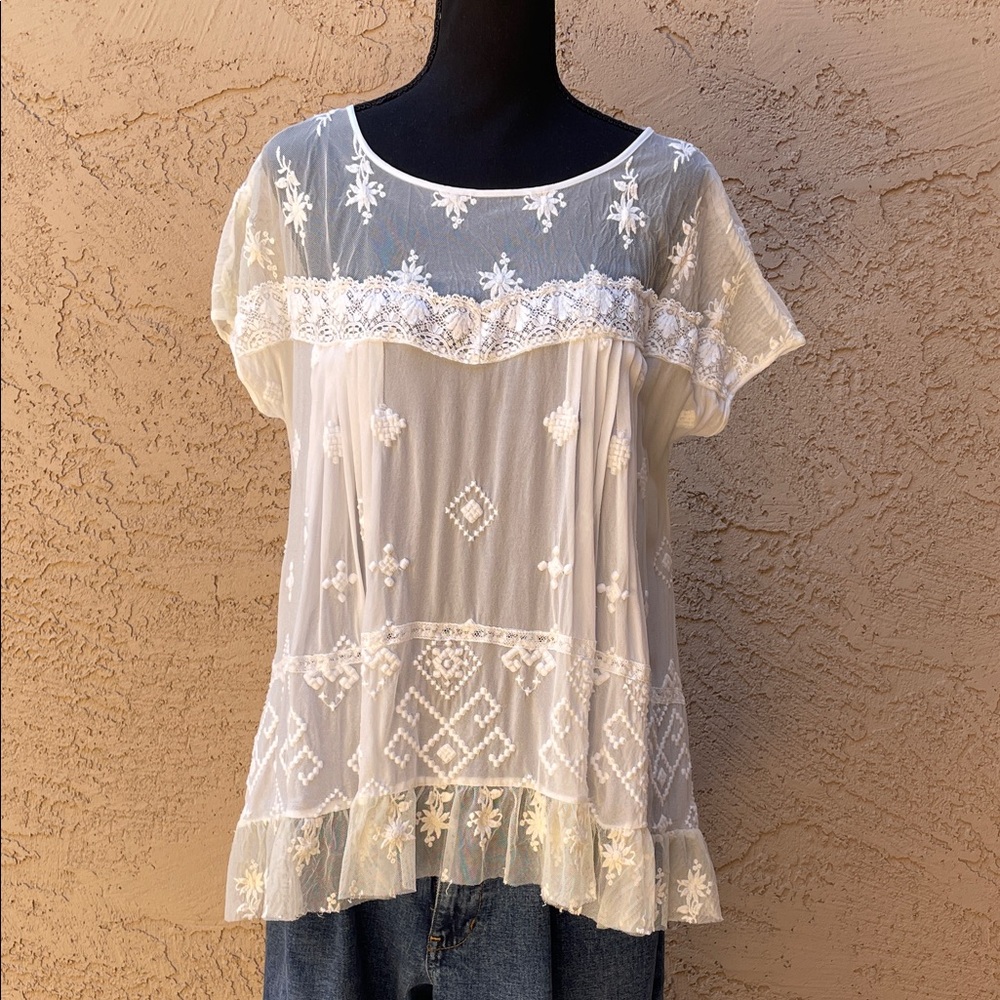 Johnny Was Sheer Embroidered Lace Blouse